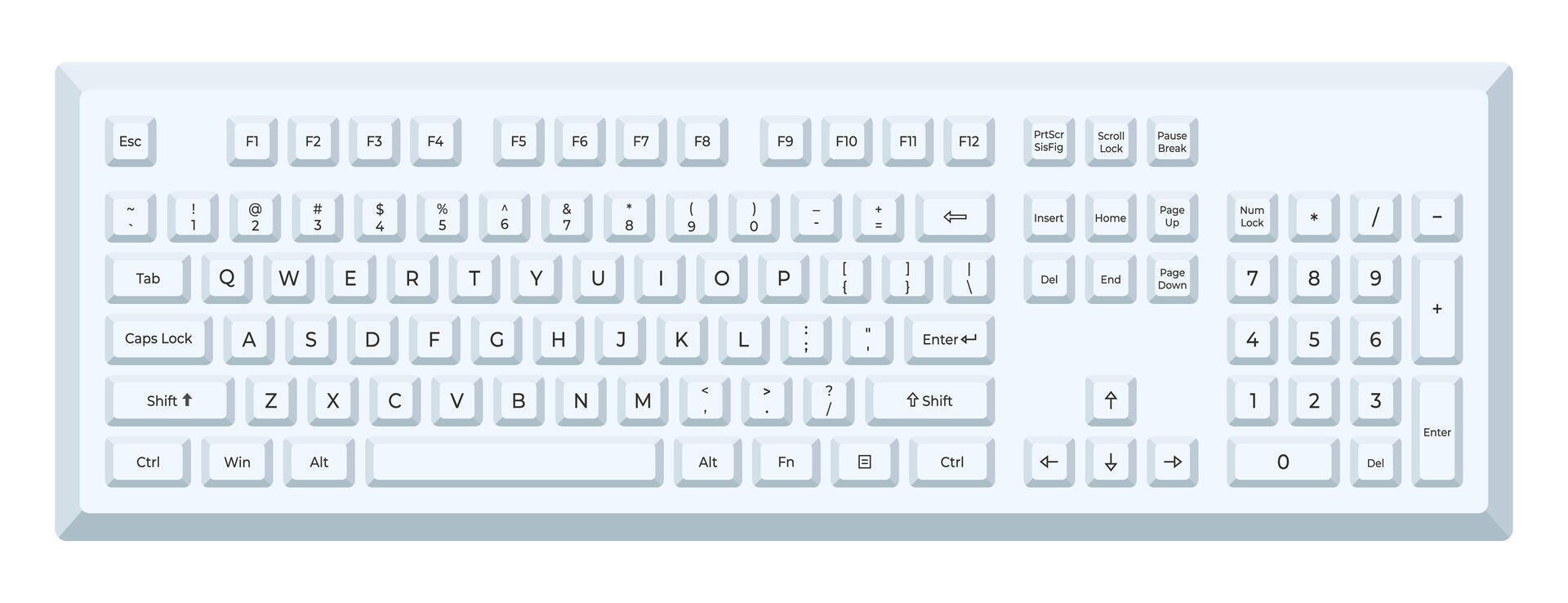 White keyboard with letters and numpad in minimalist voluminous style vector