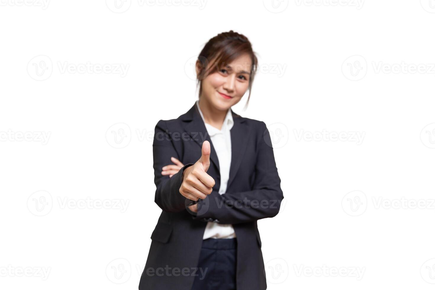 Business women thumbs up, Asian office people hand okay sign isolated on white background, selective focus at thumb finger. photo