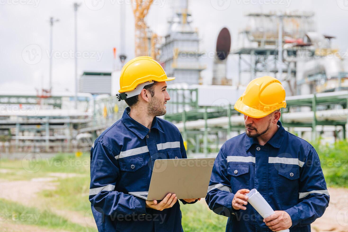 Engineer worker team working outdoor, Surveyor teamwork survey gas pipe oil transport pipeline deploy building project for refinery industry. photo