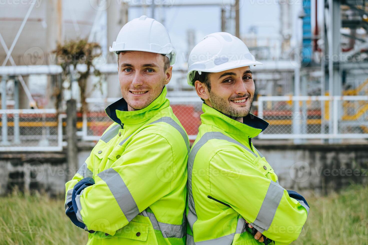 Portrait oil and gas refinery engineer people worker standing happy smile, Smart expert teamwork together in petroleum industry. photo