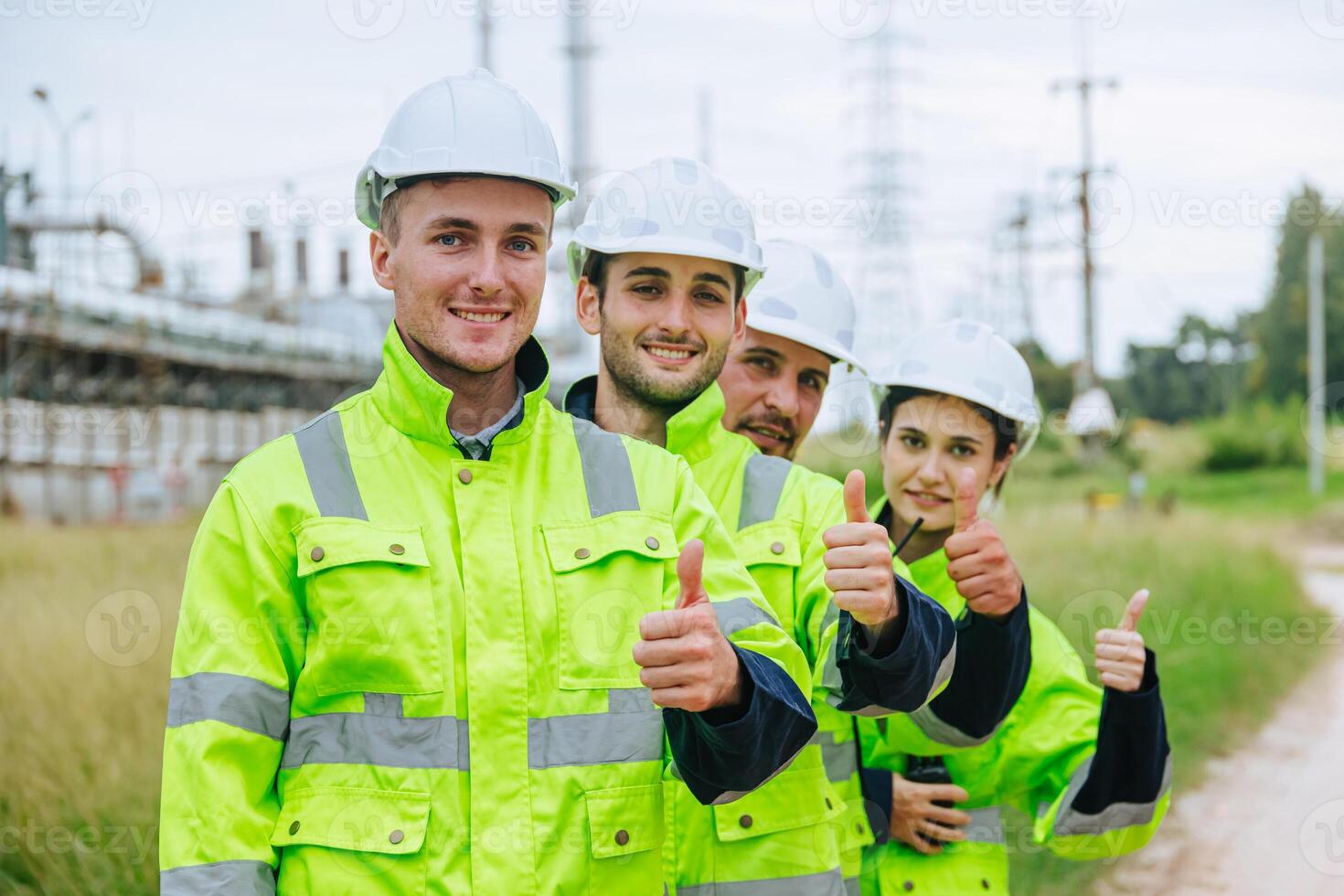 Group of oil and gas refinery engineer people worker thumbs up happy smile, Smart expert teamwork together in petroleum industry. photo