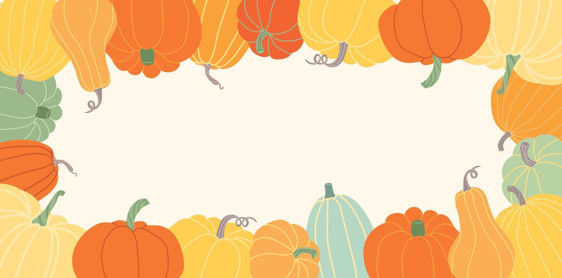Frame of different types of pumpkins with space for text in the middle. Bright autumn template for Thanksgiving, Halloween, harvest season, invitations, advertisement, banner vector