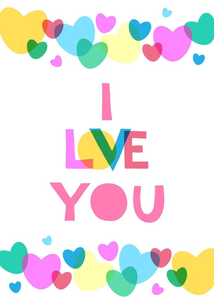 Poster of multicolored hearts and text I love you with overlapping, risograph effect. Card for congratulations on Valentine's Day, wedding, love card vector