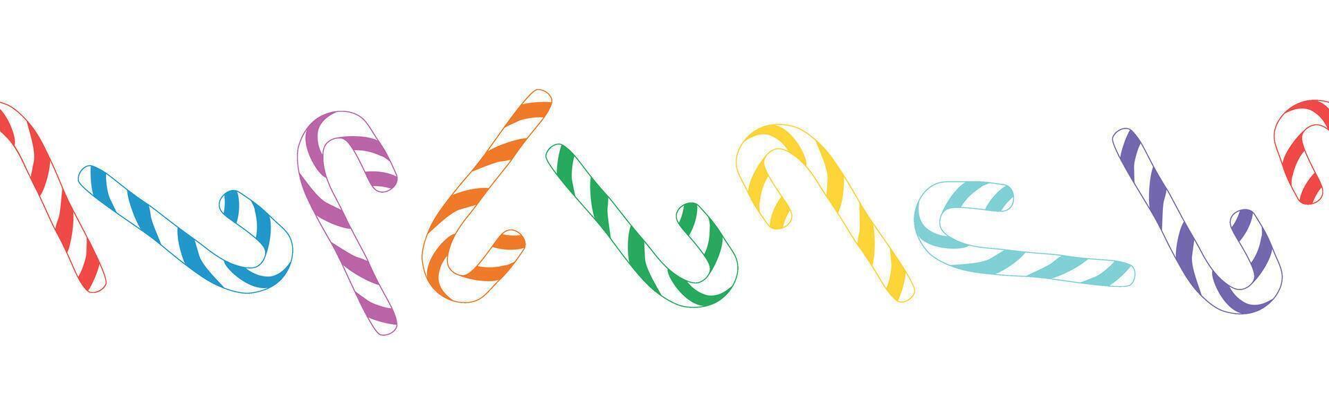 Colorful seamless banner design with striped Christmas candies, lollipops in festive style. For invitations, seasonal greetings, holiday-themed advertisements, or Christmas and New Year decorations vector