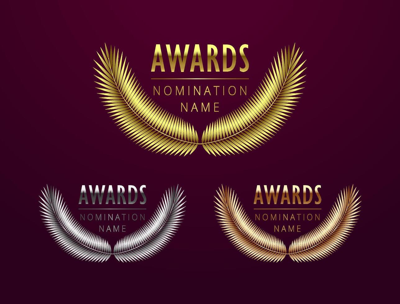 Set of awarded leaves. Gold, silver and bronze collection. Horizontal wide shape and metallic shiny typography, creative concept. Template for art, business or entertainment. Isolated border. vector