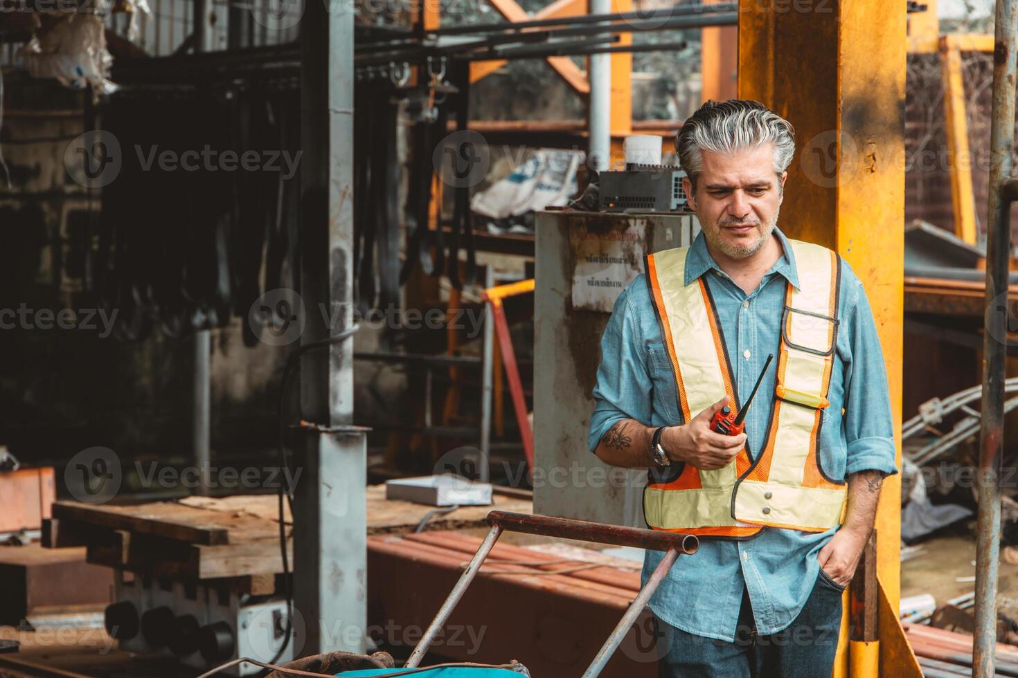 Engineer construction worker site moody stressed exhausted feel down bad emotion tired from hard work. photo