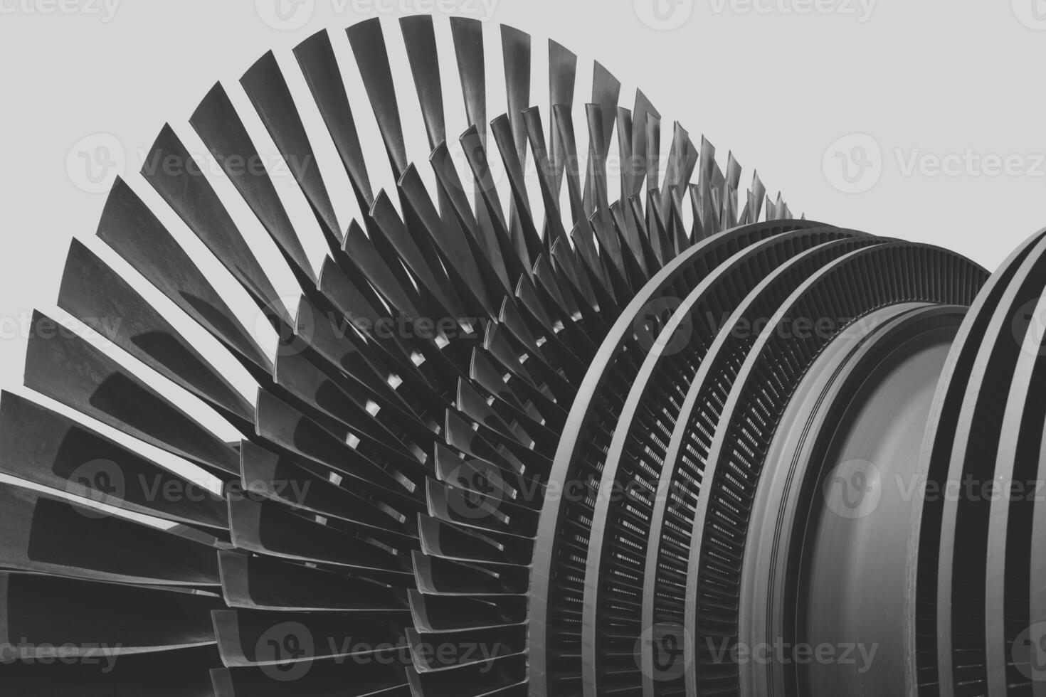 Turbine Blades, High Precision Advance Engineering. Large Fan blade Layers Steel Part Rotor In Jet Engine or Steam Power Plant. photo