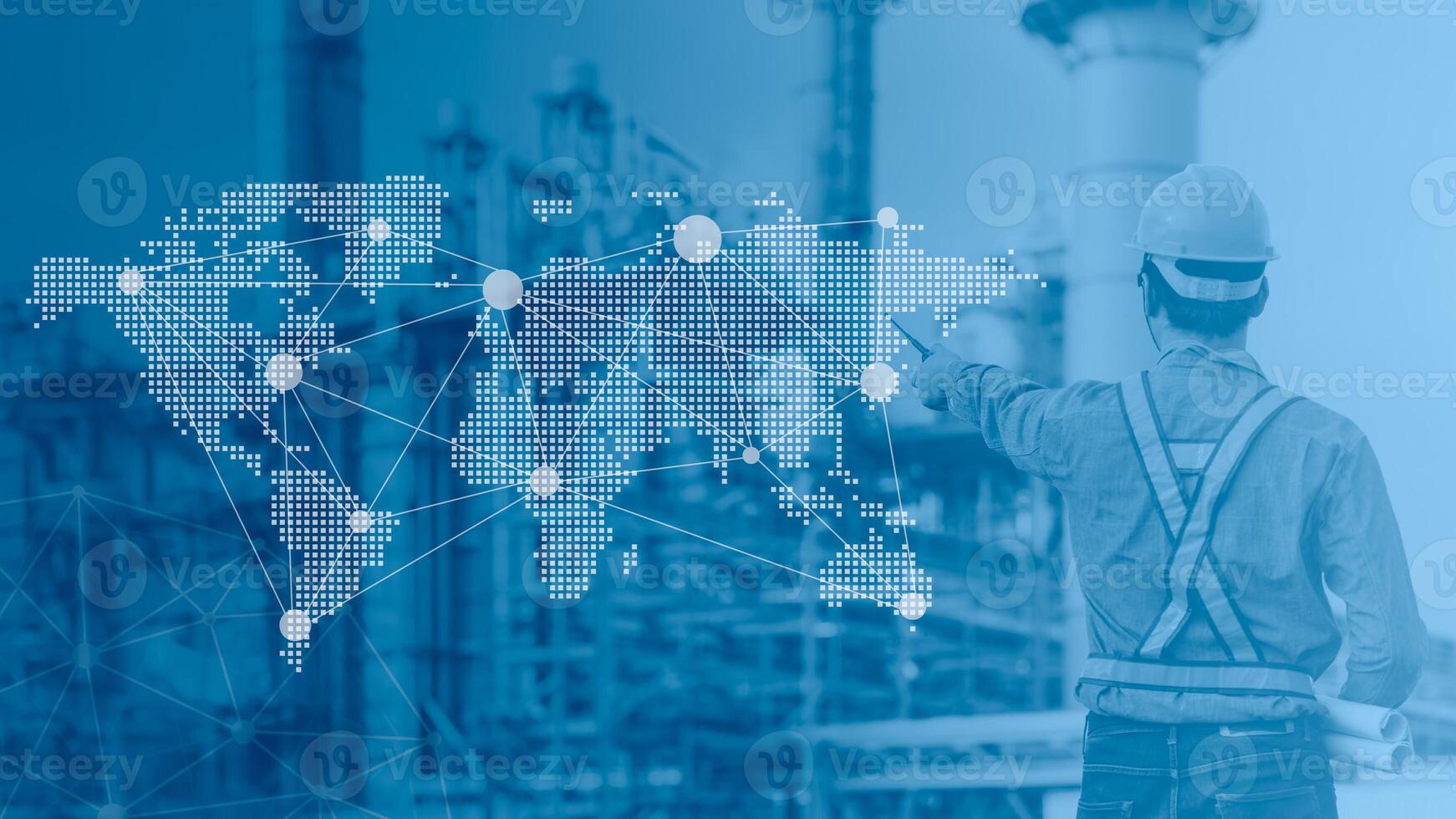 Petroleum Refinery industry overlay world wide map connection for business distribution and management concept. photo
