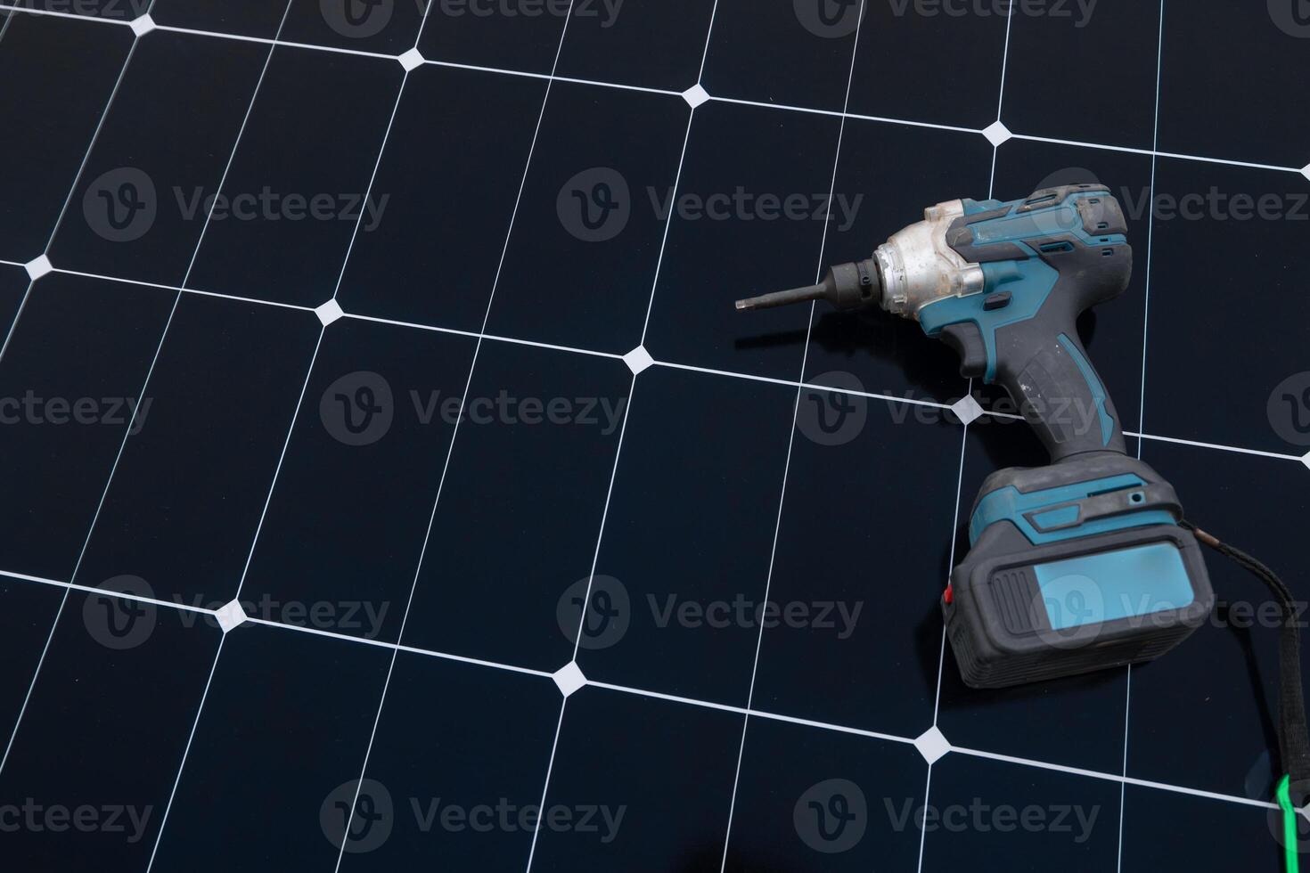 Solar cell or Solar Panel. Alternative eco power future background, Photovoltaic module with hand screwdriver space for text. photo