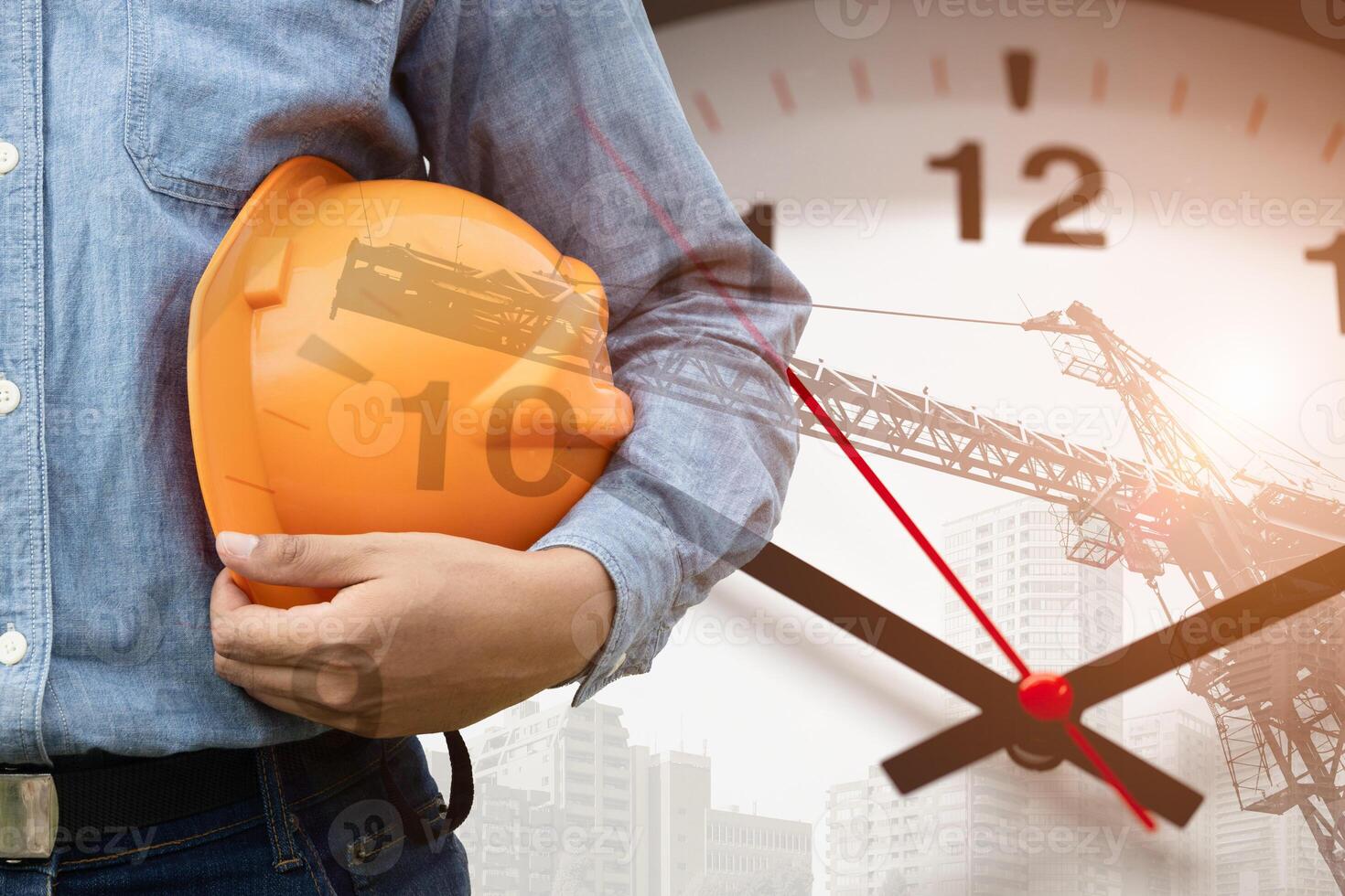 Construction Engineer Architect Project Management Builder Workers Work Against with Time Clock, Build Renovate Times Challenge Concept. photo