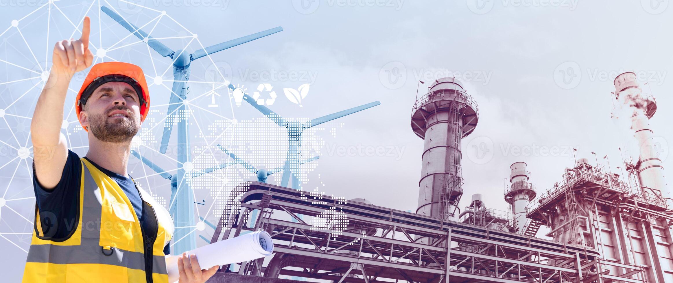 ingeniero hombre en pie en contra gas petrolio poder planta viento turbina antecedentes para futuro energía producción personas obrero.. foto