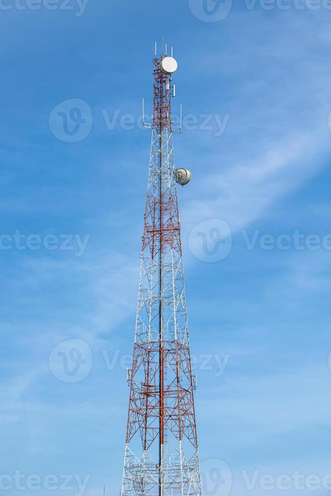 Telecommunication tower 5G Signal tower, Wireless Antenna connection system of communication systems against blue sky photo