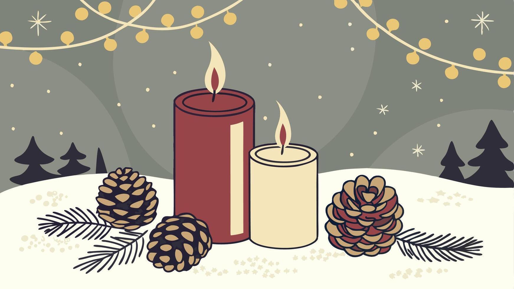 Christmas candles and pine cones on a snowy background vector