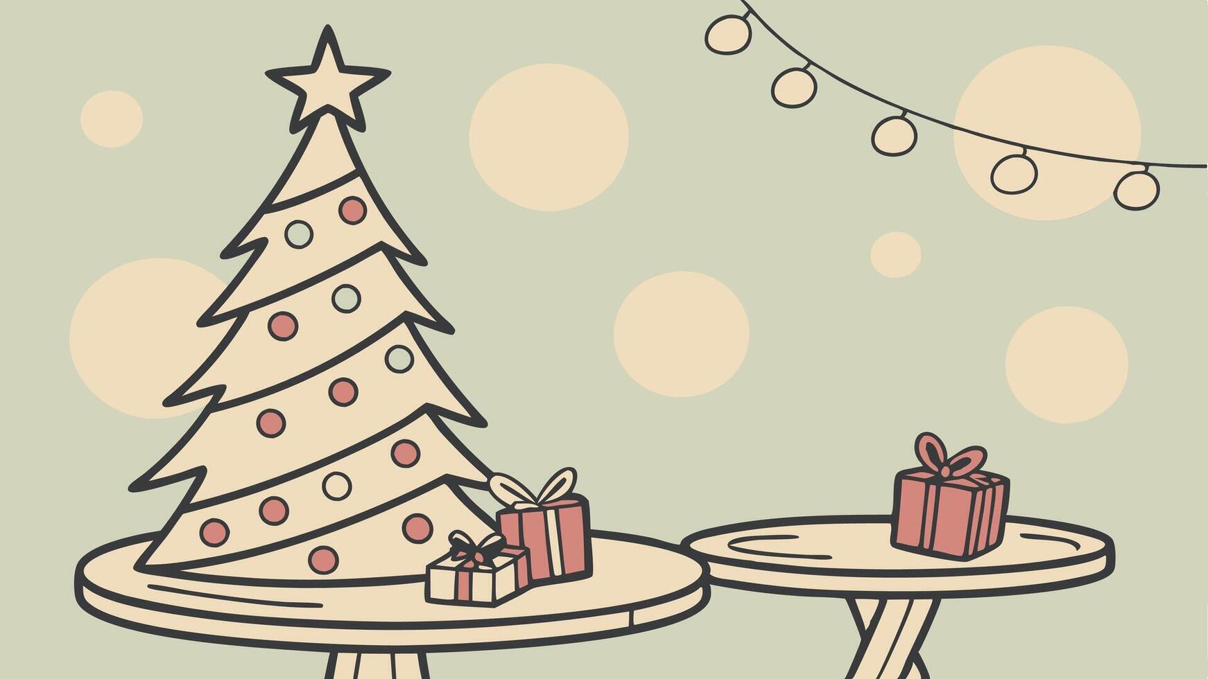 Christmas tree and presents on table with lights vector