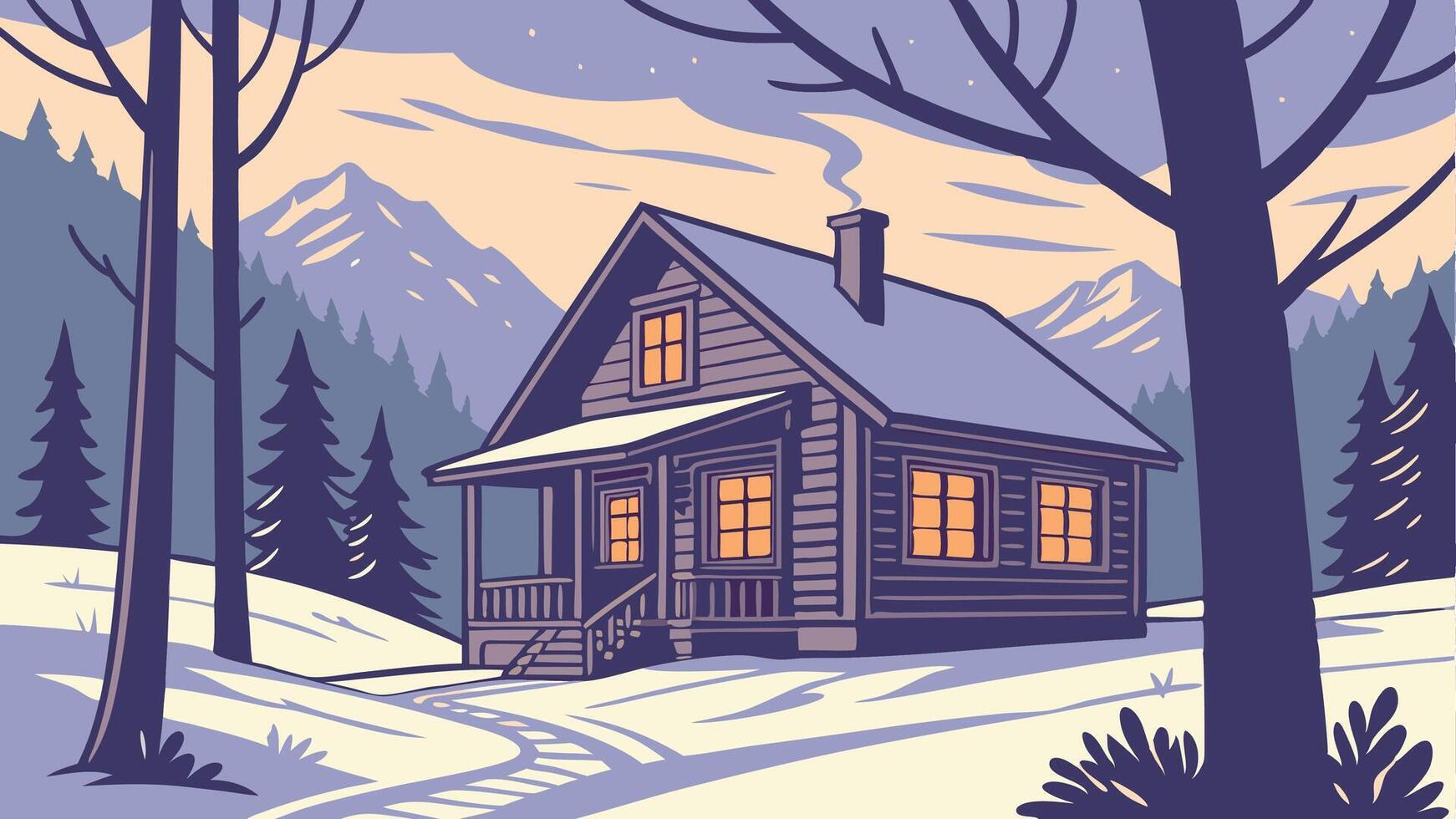 Winter landscape with a cabin in the woods vector