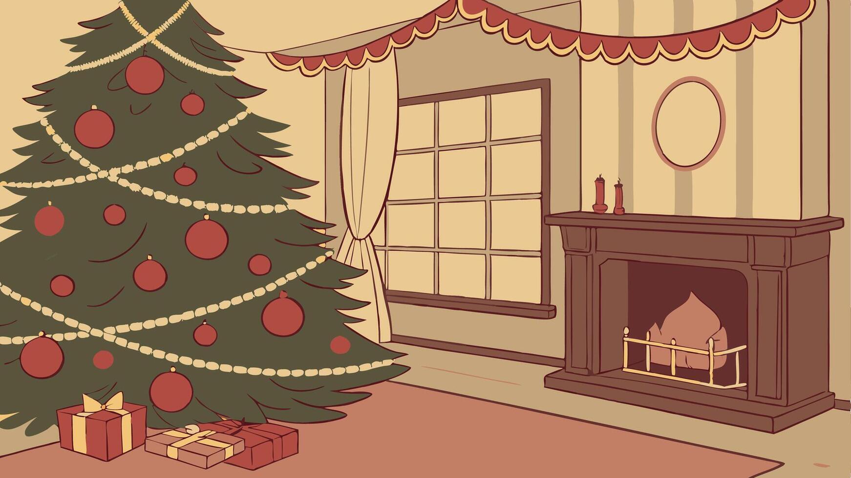 Christmas tree in a living room with fireplace and presents vector