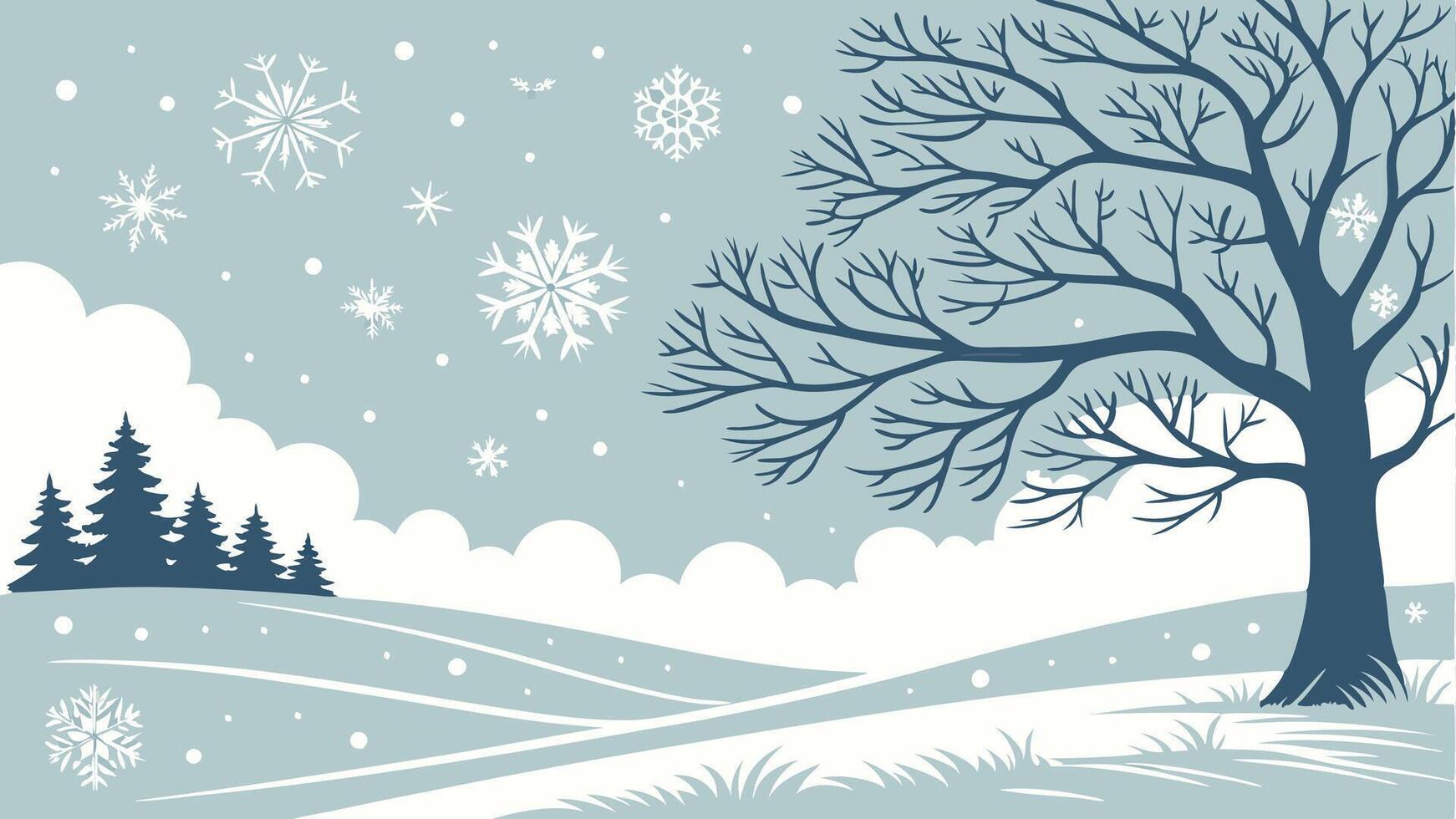 Winter landscape with snowflakes and trees vector