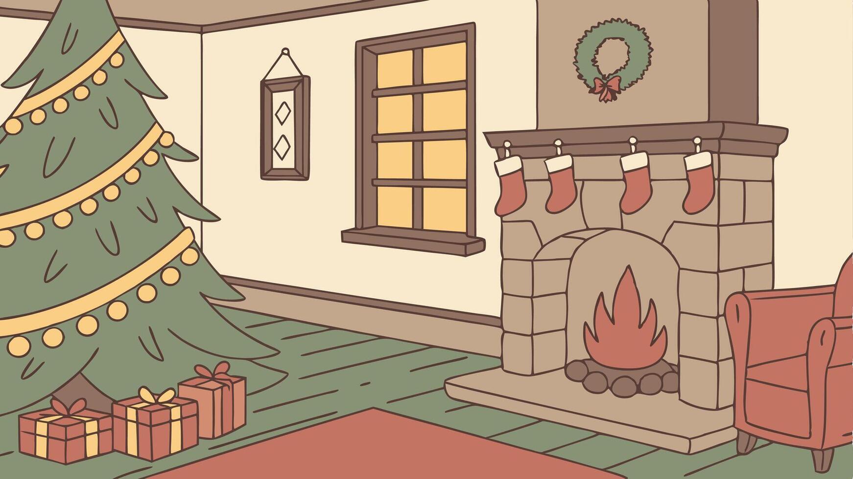 A cartoon illustration of a christmas scene with a fireplace and presents vector