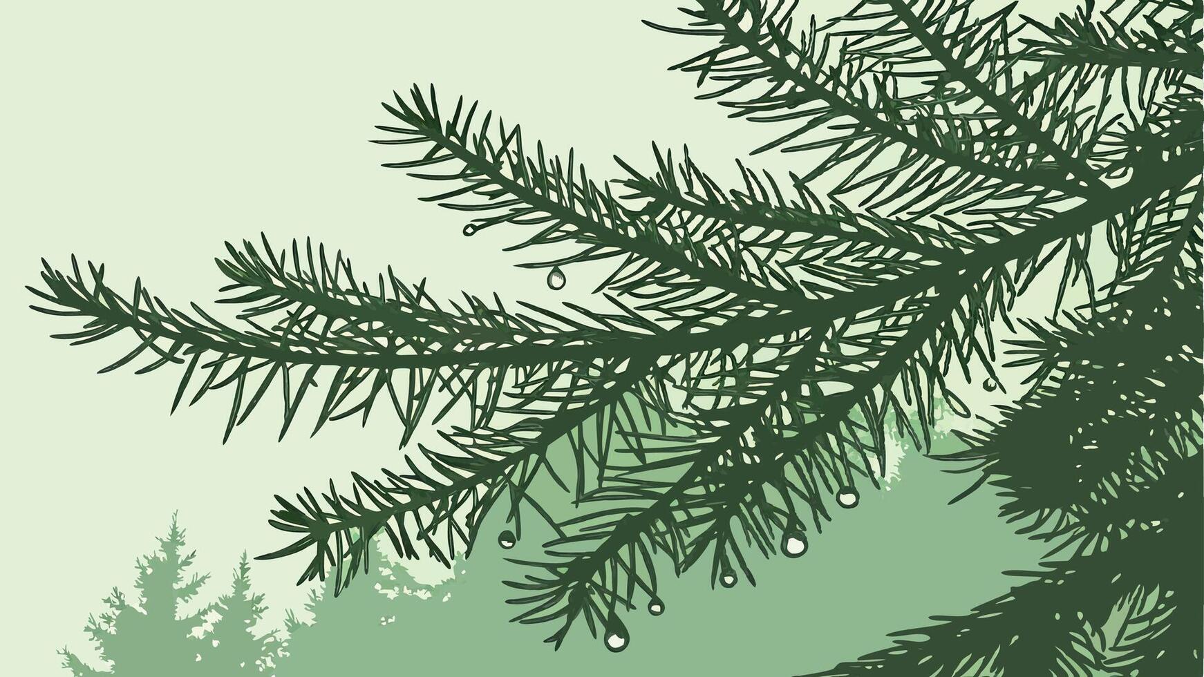 A green background with a tree branch and a pine tree vector