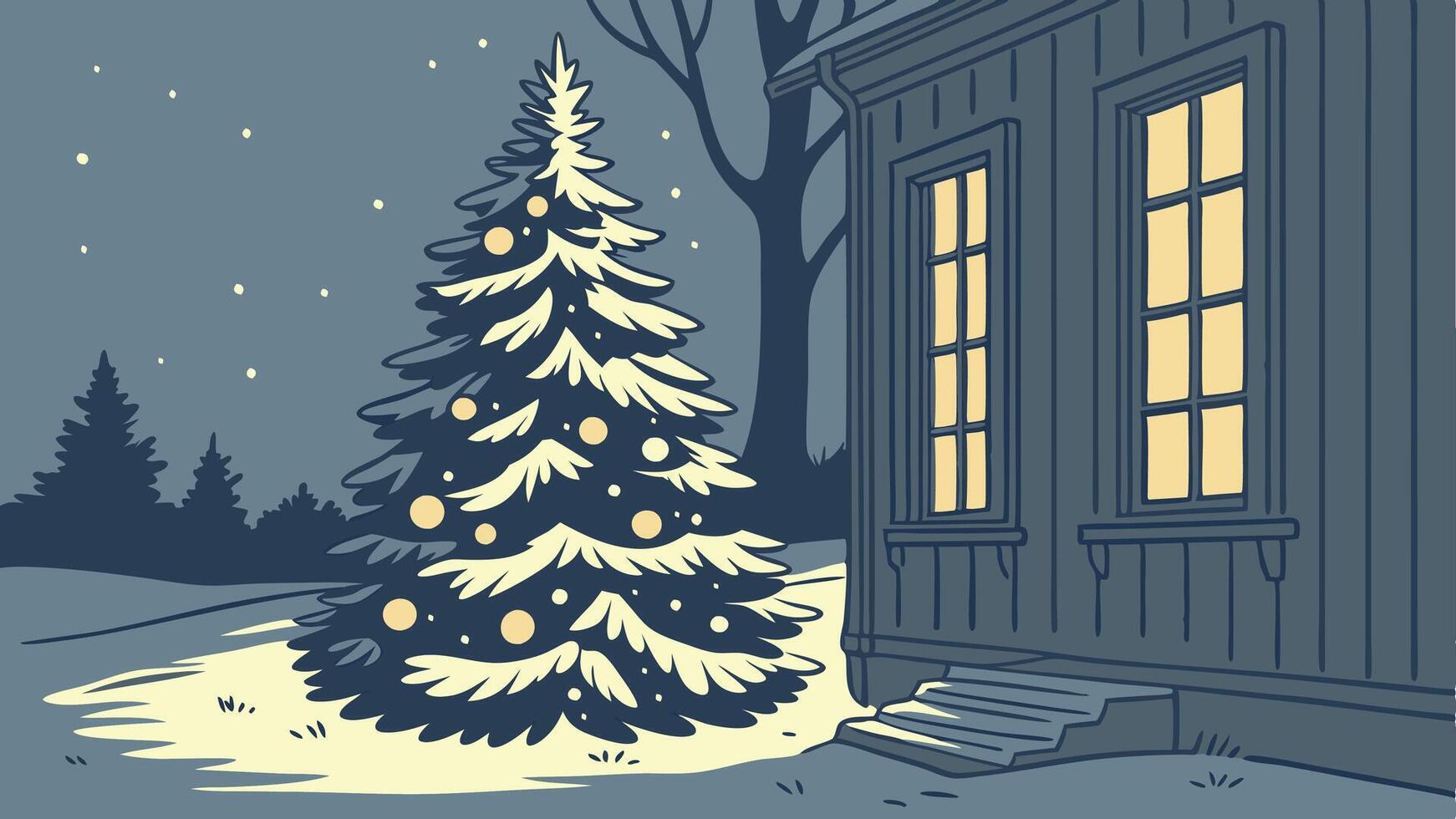 A christmas tree is standing in front of a house vector