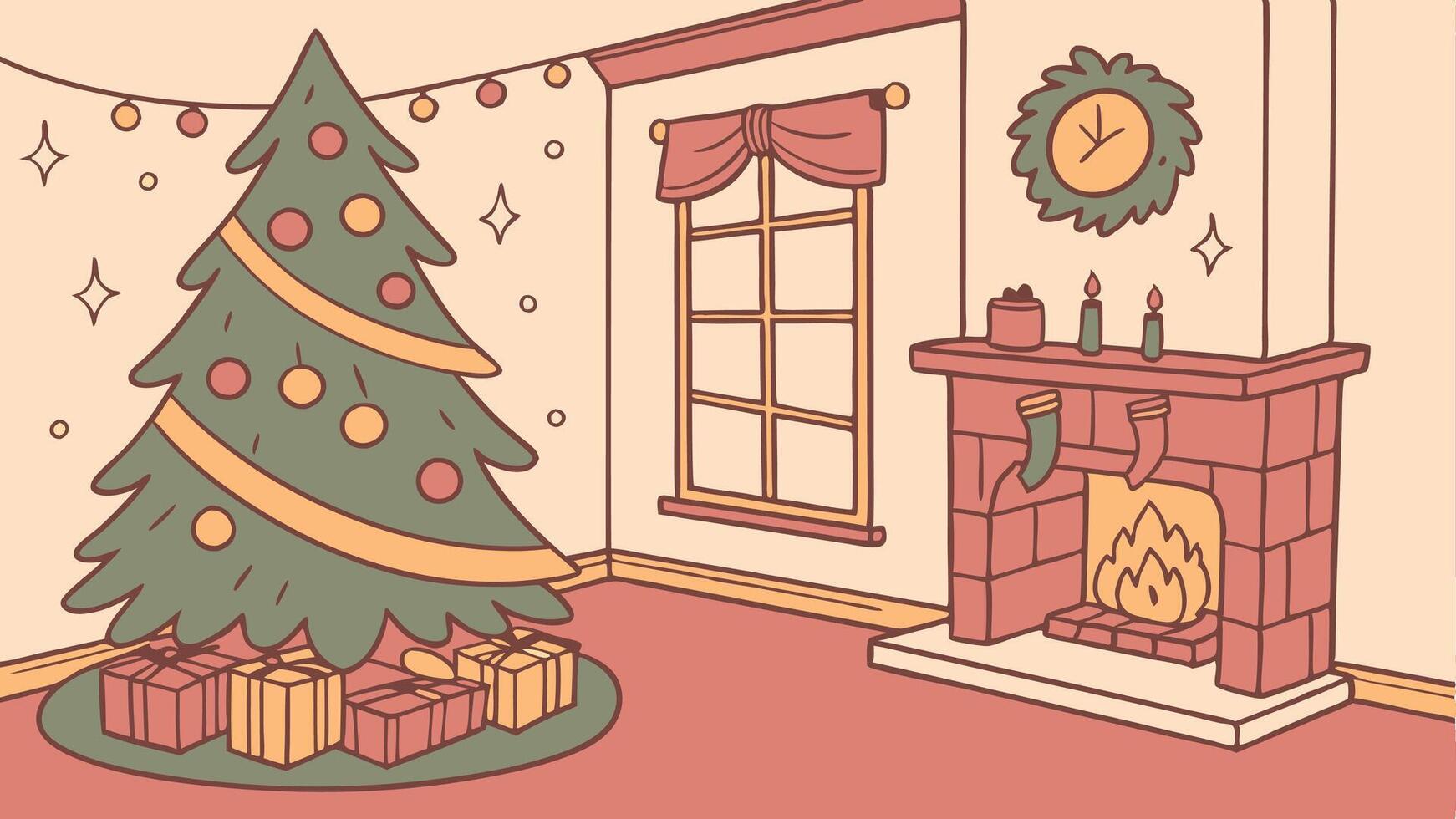 Christmas tree in a living room with fireplace and presents vector