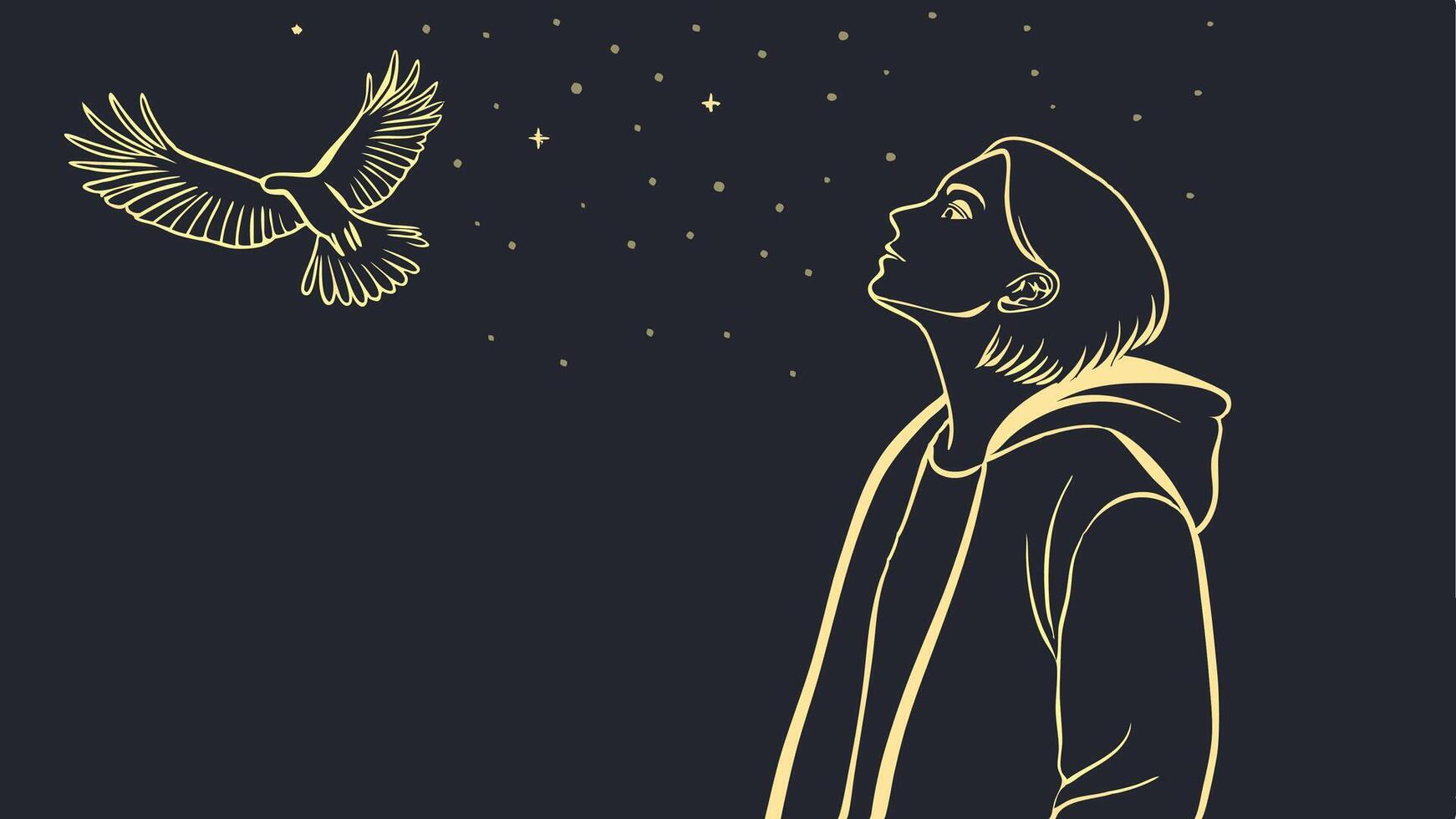 A man is looking at a bird flying in the sky vector
