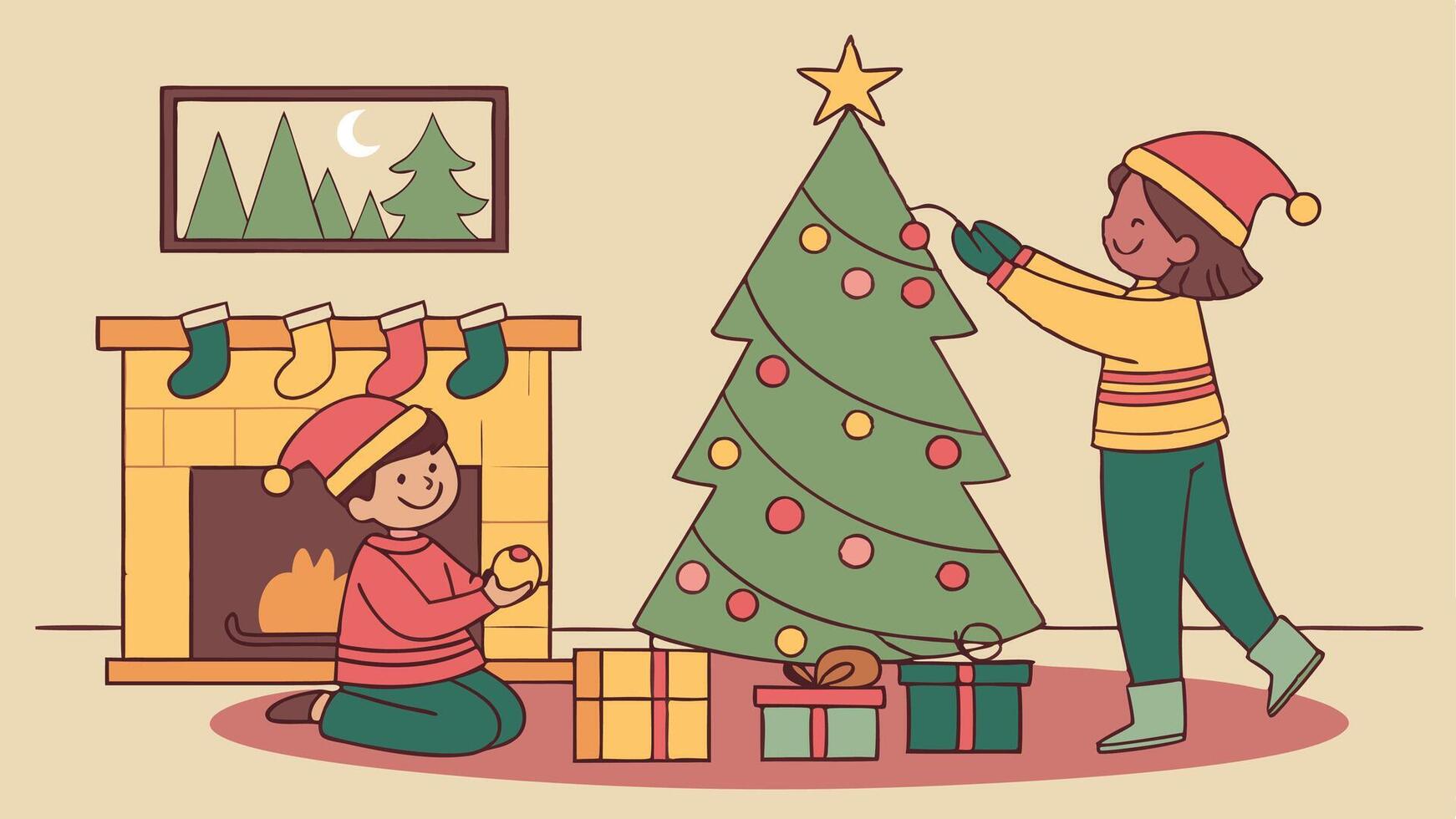 Two children decorating a christmas tree vector