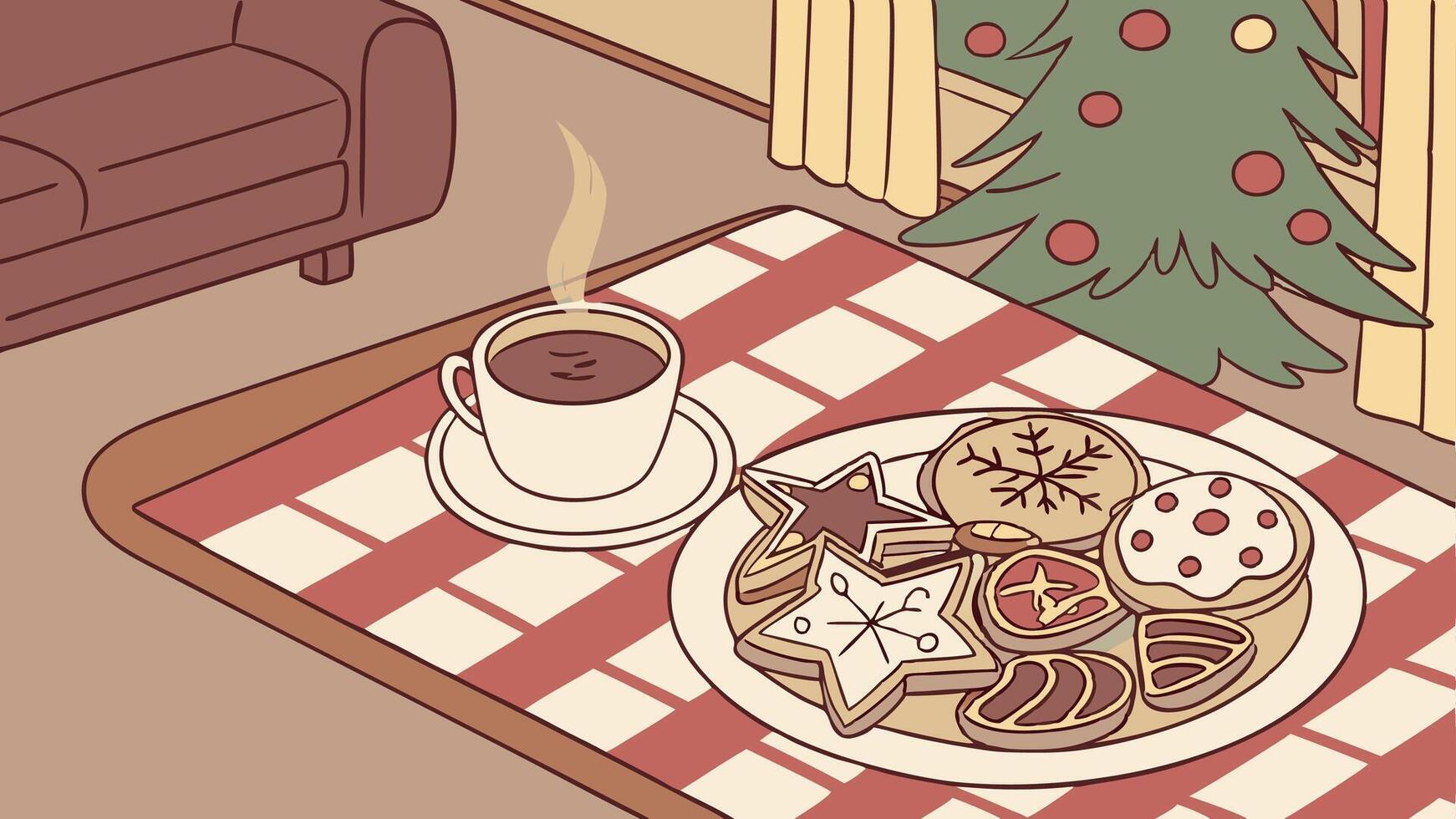 A christmas table with cookies and coffee vector