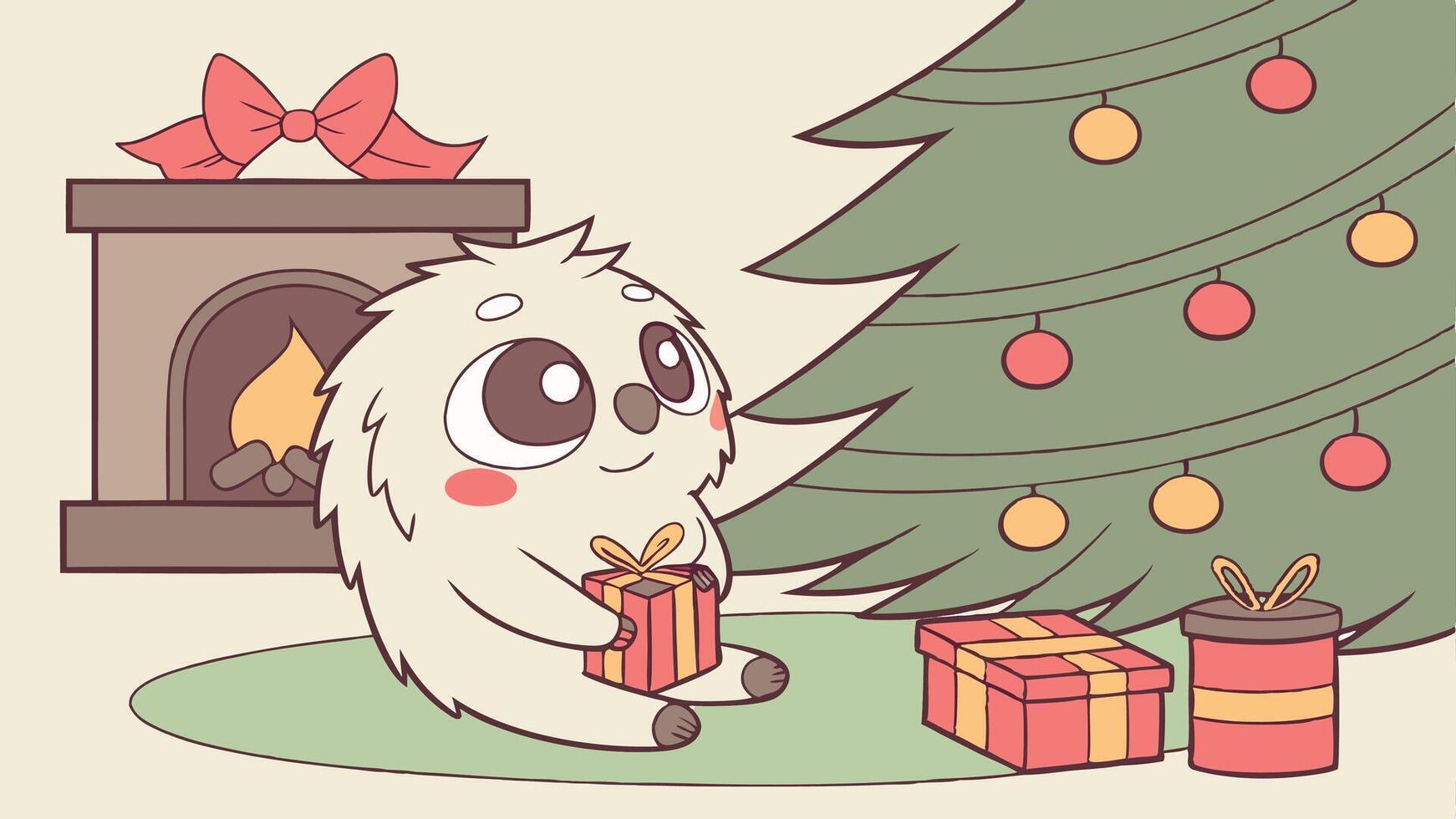 A cute little white bear sitting next to a christmas tree vector