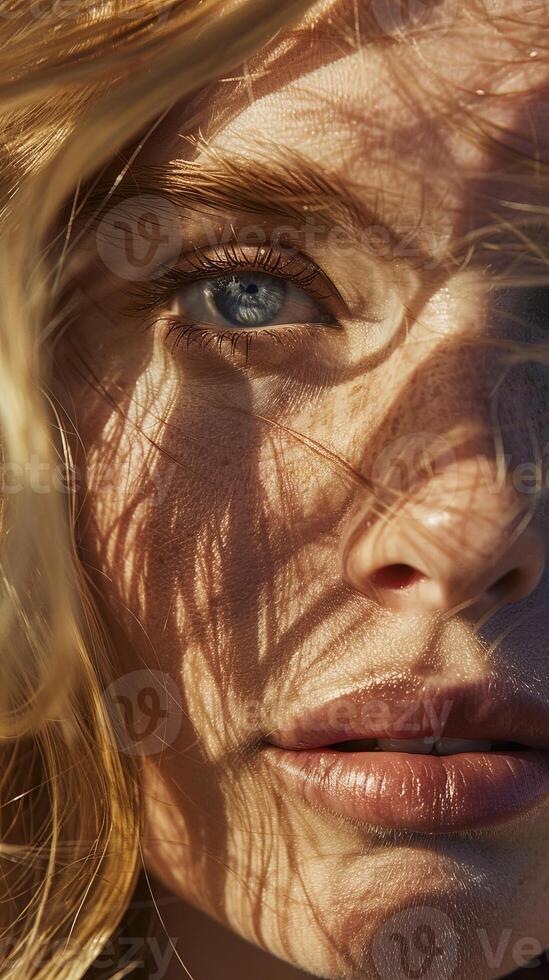 Extreme close up portrait of a blonde womans eye with natural shadows from sunlight photo