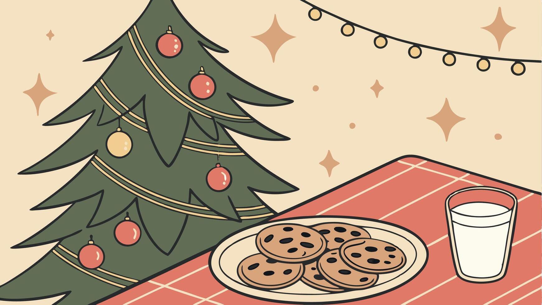 Christmas cookies and milk on a table next to a christmas tree vector