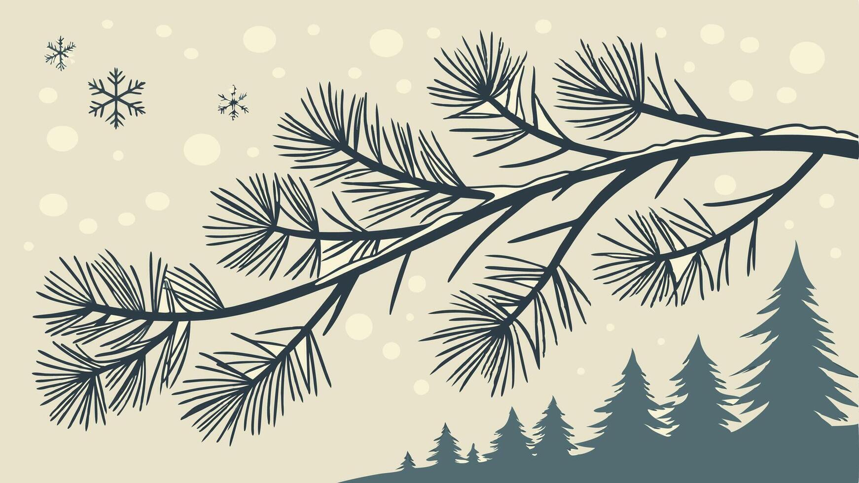 Winter landscape with pine tree and snowflakes illustration vector