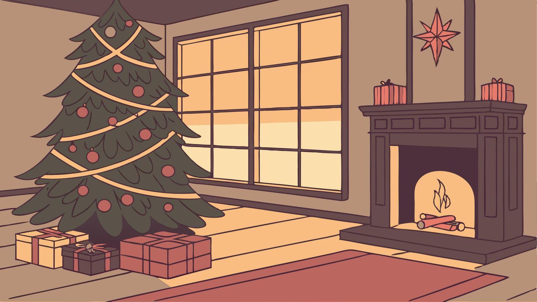 Christmas tree in living room with fireplace and presents vector