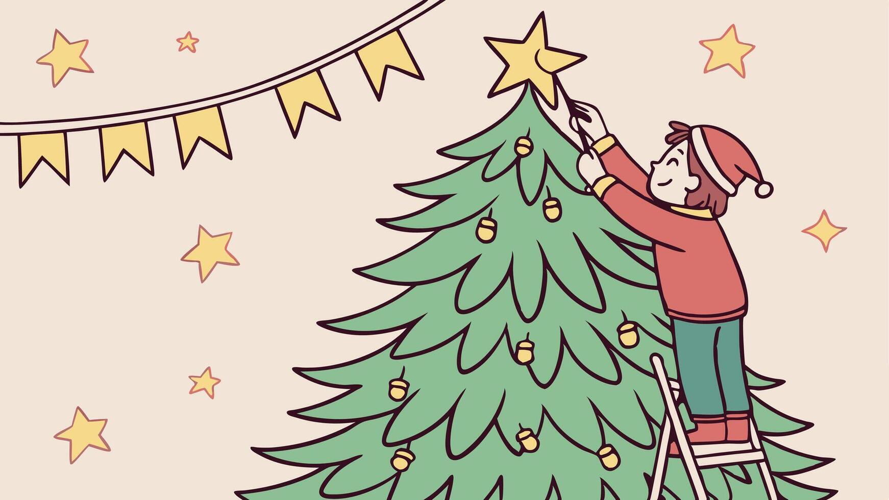 A man is decorating a christmas tree with stars vector