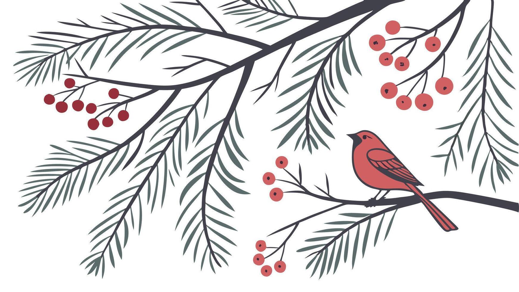 A red bird sits on a branch of a pine tree vector