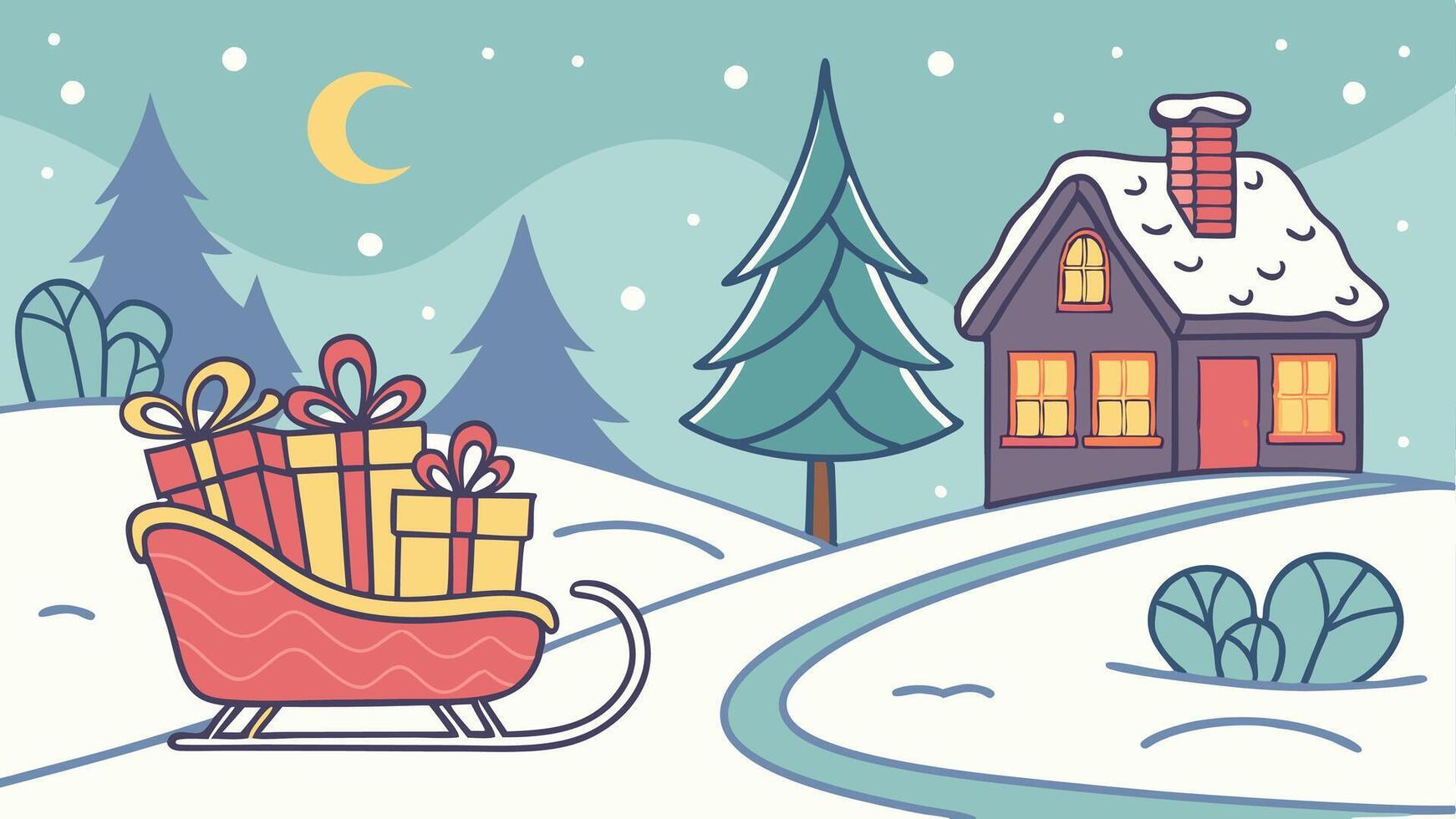 Christmas card with santa sleigh and house in the snow vector