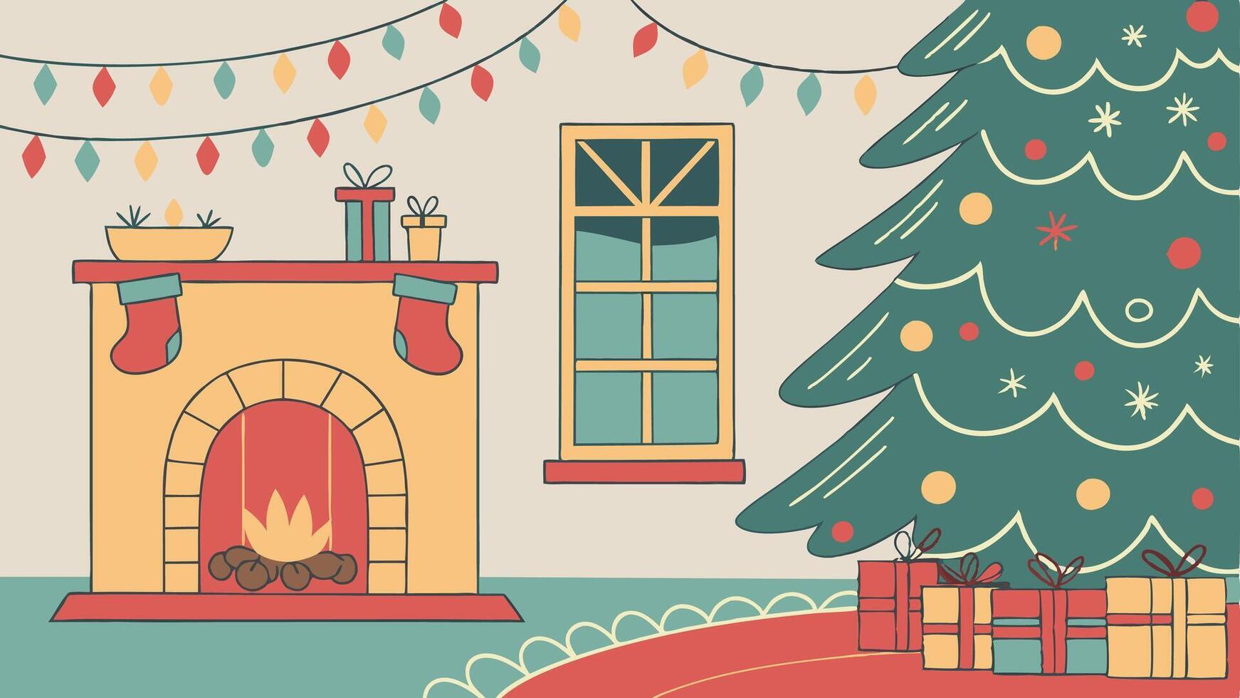 Christmas tree and fireplace in a room vector