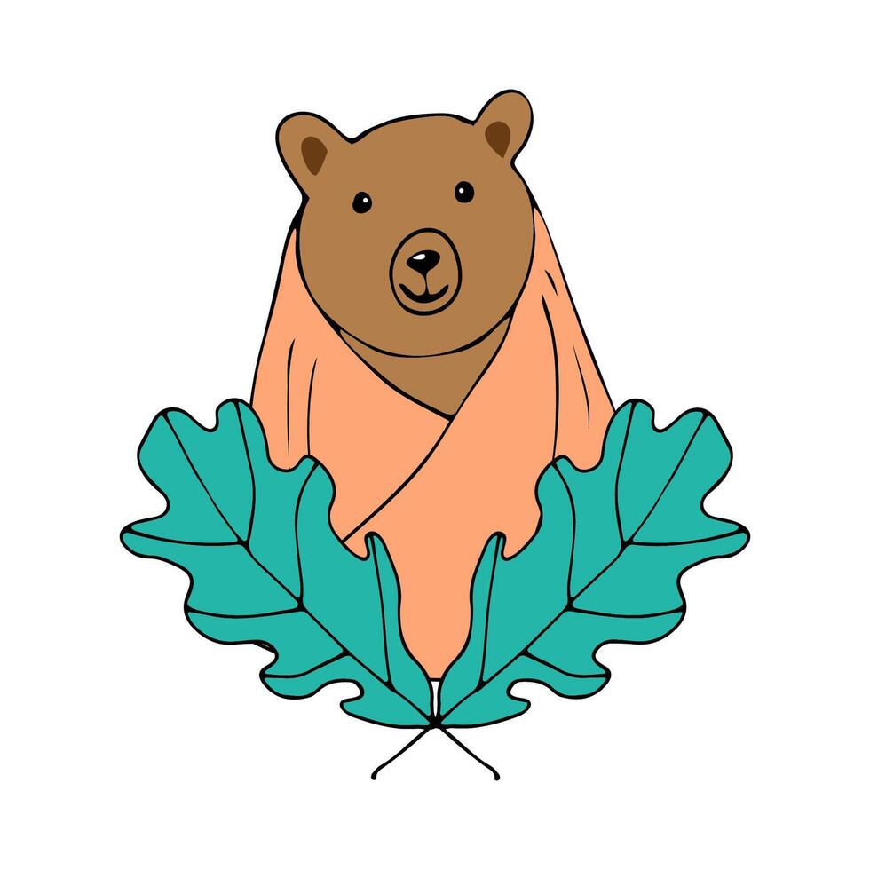 Bear with oak leaves on a white background.Children's trend illustration. vector