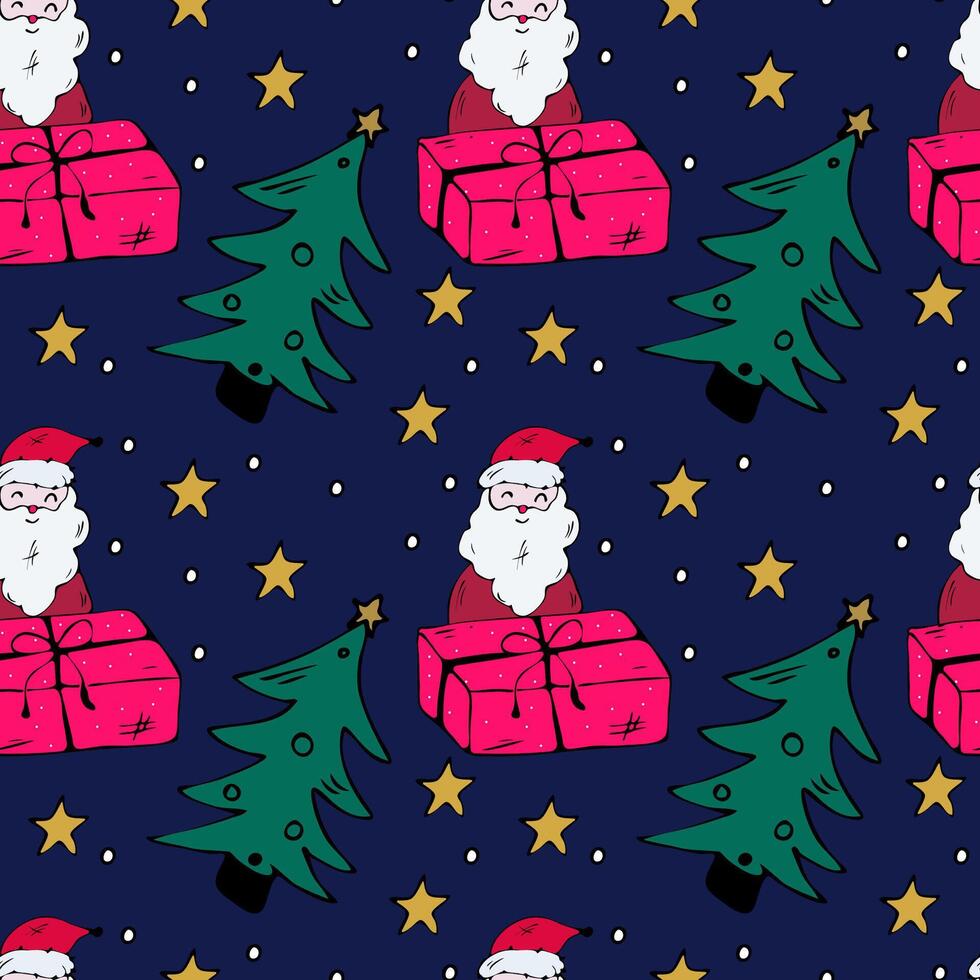 Christmas and New Year pattern in handmade style.Seamless texture of santa claus, fir tree and gift box on a dark blue background. vector
