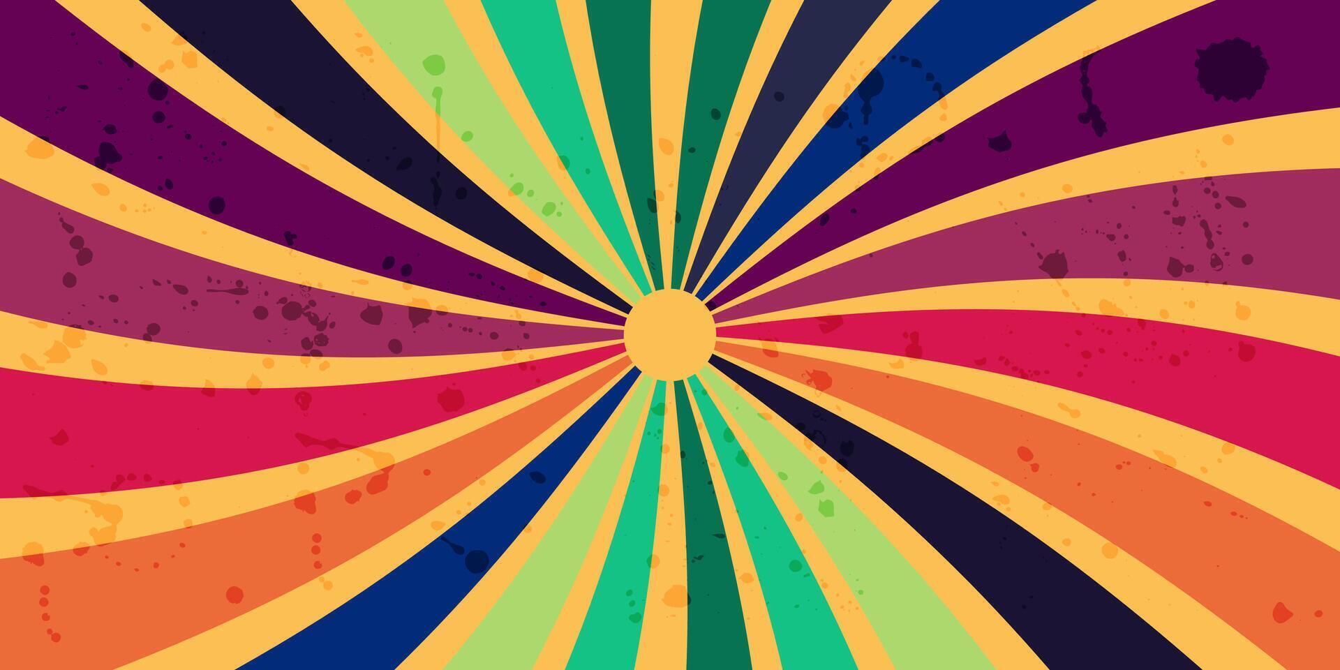 Vintage retro background with watercolor splashes.Funk rays elements, circular motifs. vector