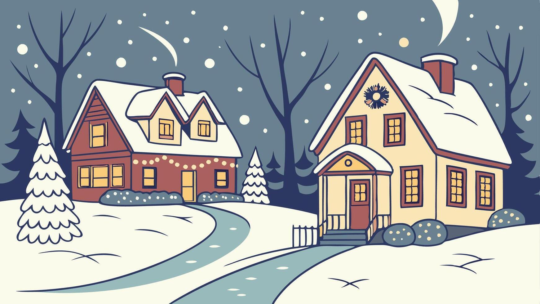 Winter scene with houses and trees in the snow vector