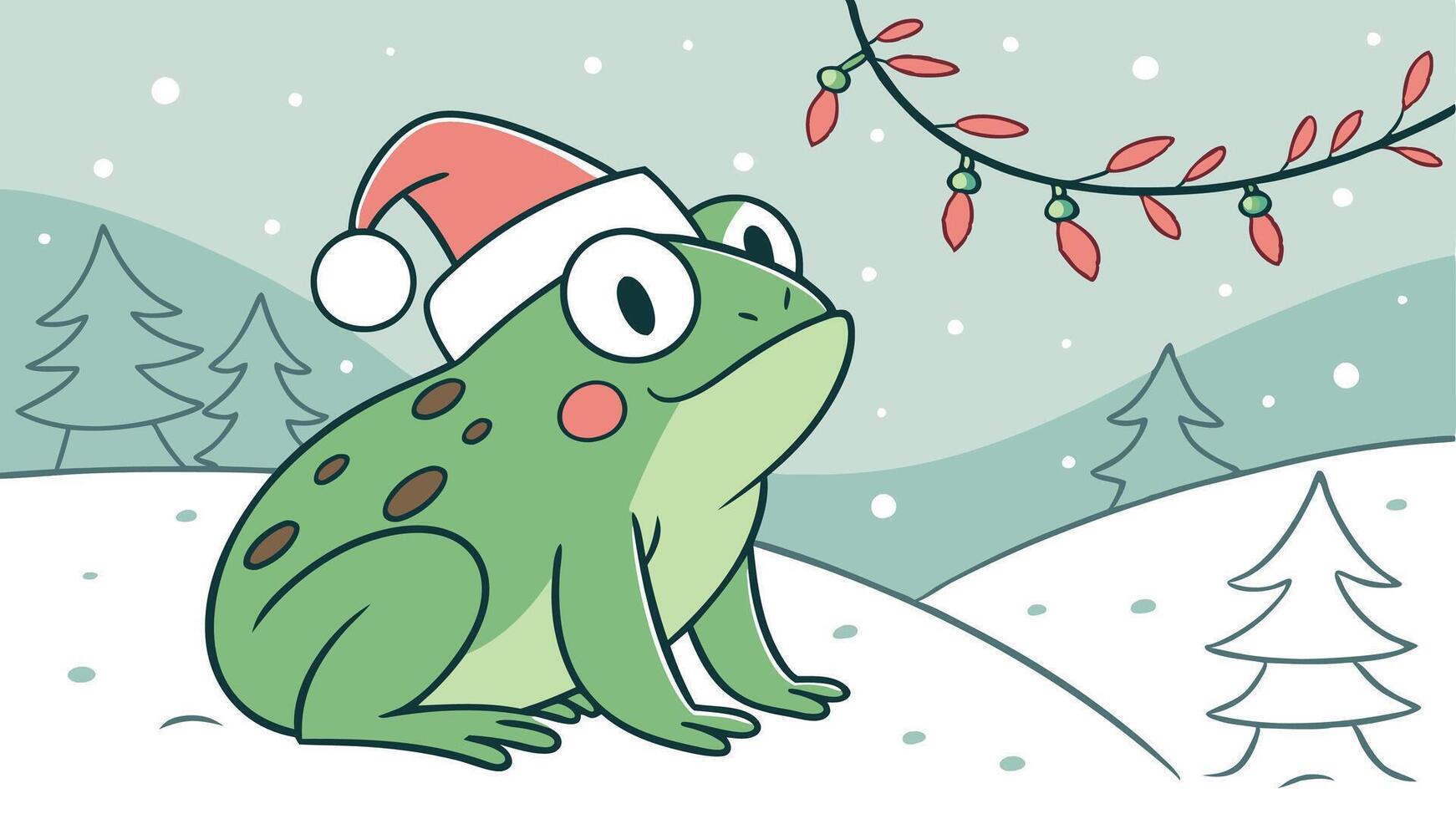 A cartoon frog wearing a santa hat and sitting in the snow vector