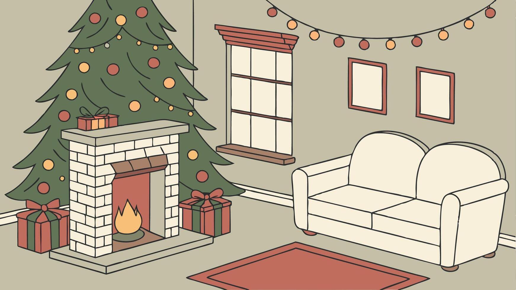 A cartoon illustration of a living room with a fireplace and christmas tree vector