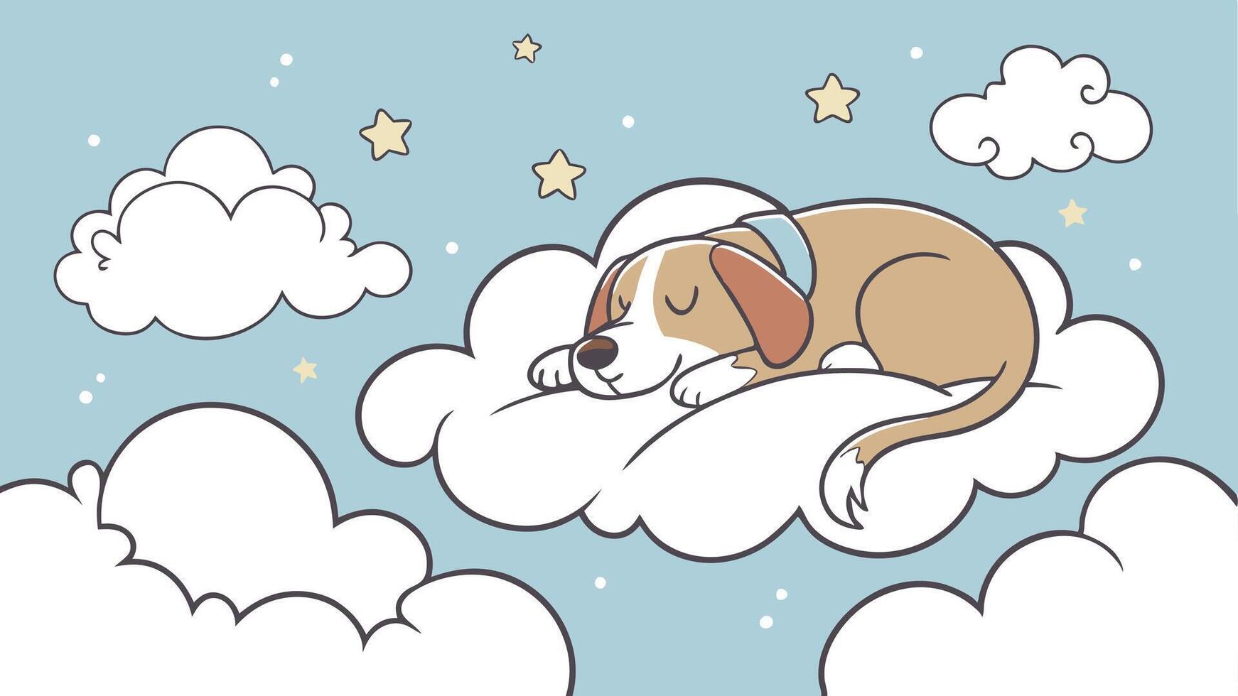 A cartoon dog sleeping on a cloud with stars vector