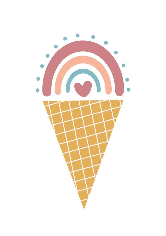 Cure boho ice cream with rainbow in waffle cup. Scandinavian clipart design print illustration for poster, card vector