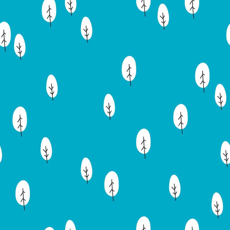 Seamless pattern of white simple trees in flat style. Cartoon forest illustration on blue background for design textile fabric paper, wallpaper, wrapping vector
