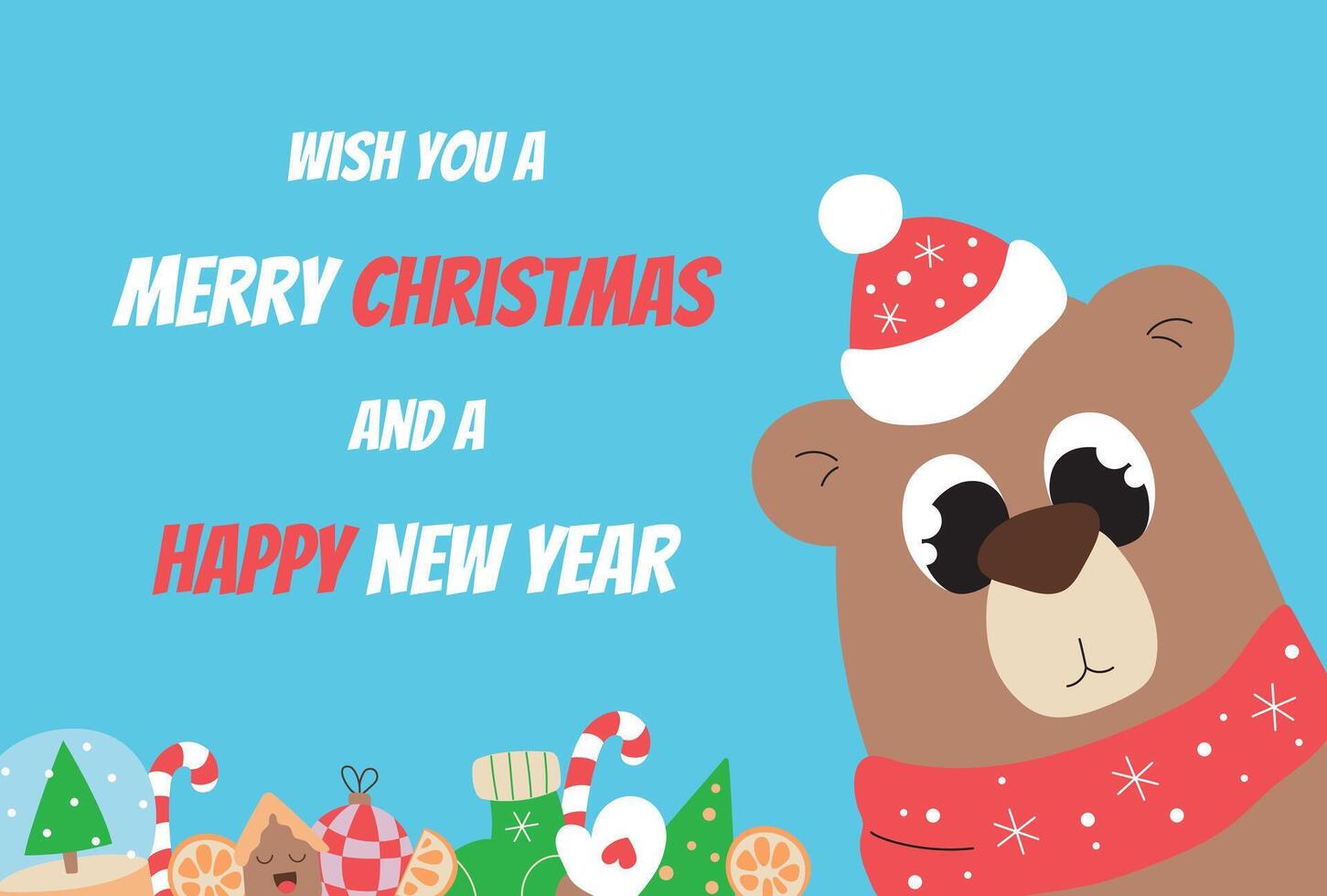 Cartoon bear wish you Merry Christmas, Happy New Year postcard in y2k style. Concept illustration for greeting card, banner, flyers, websites, poster vector