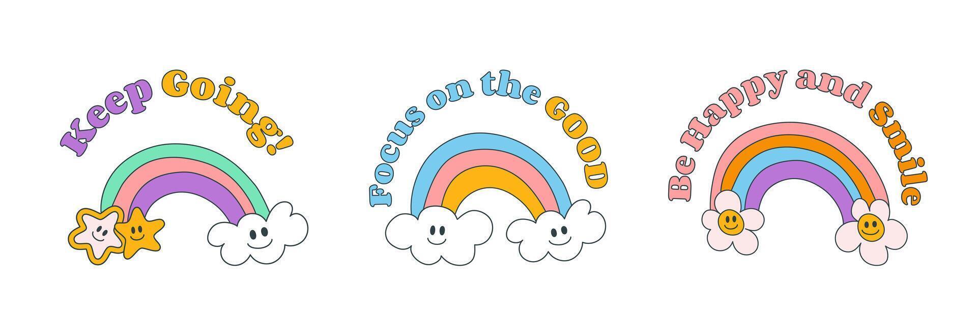 Collection of retro hand drawn rainbows with smiling clouds, stars, flowers, inspirational phrase in y2k style. Keep Going, Focus on Good, Be Happy and Smile vector