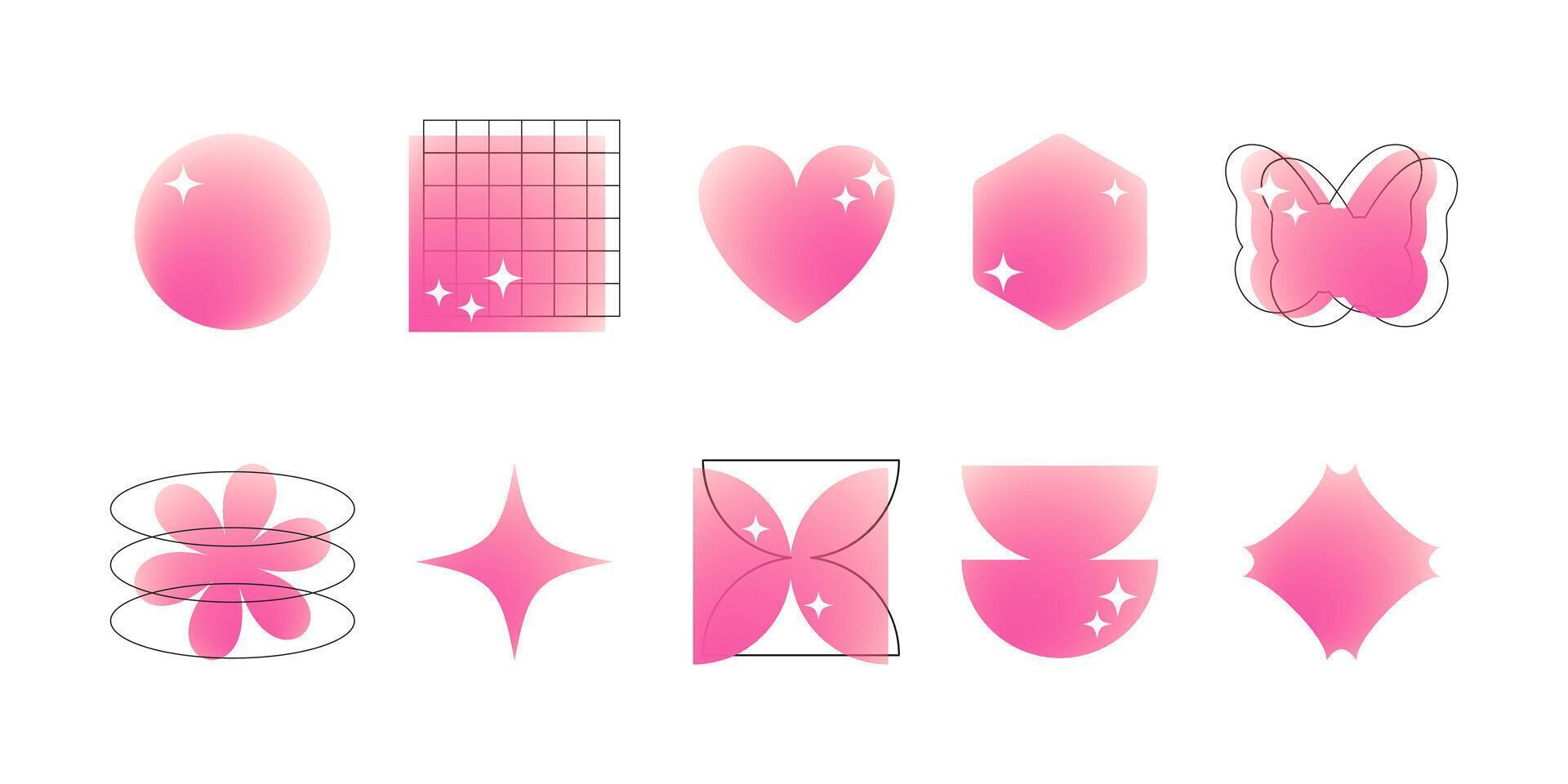 Set of blurry pink gradient abstract shapes, sparkles, star, flower, heart in y2k style. Aesthetic design elements illustration isolated on white background vector