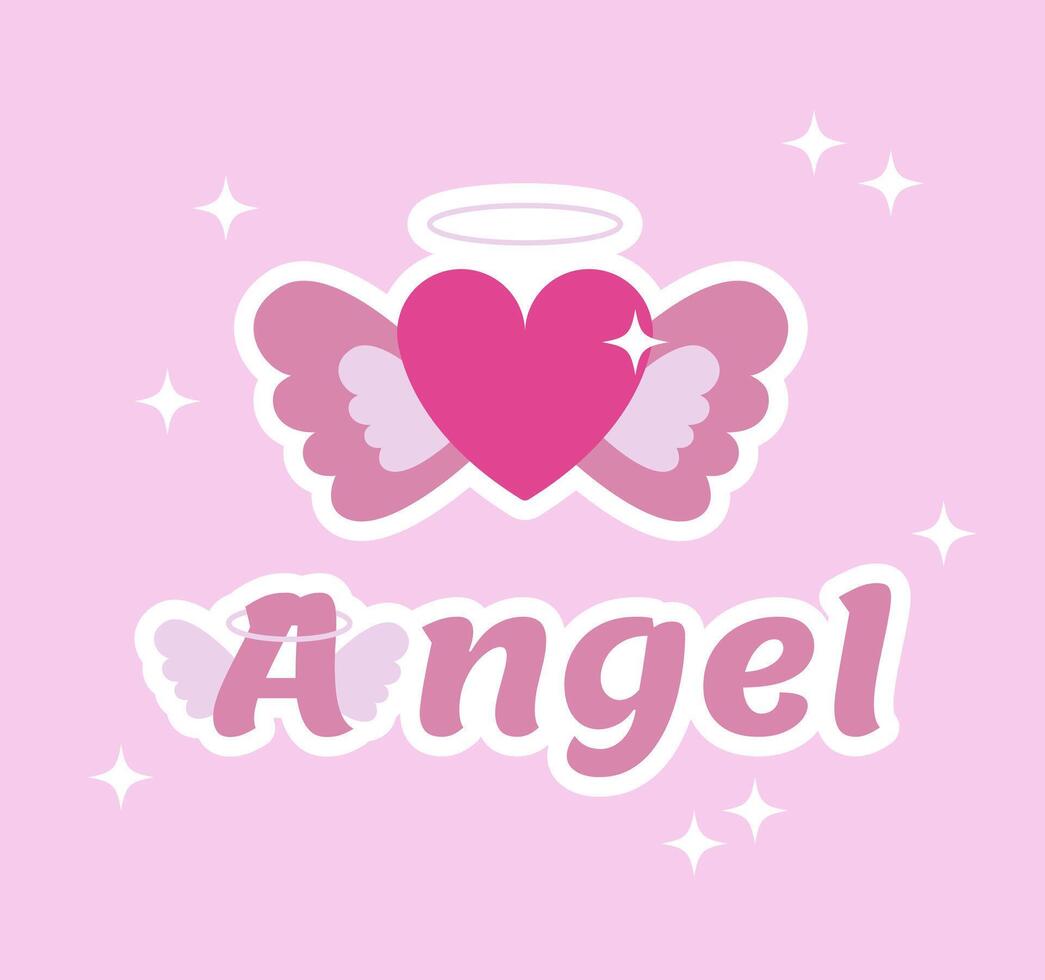 Heart with nimbus and angel wings sticker in y2k style . Sign Angel logo, design element illustration for card, print. Nostalgic 90s, 2000s icon vector